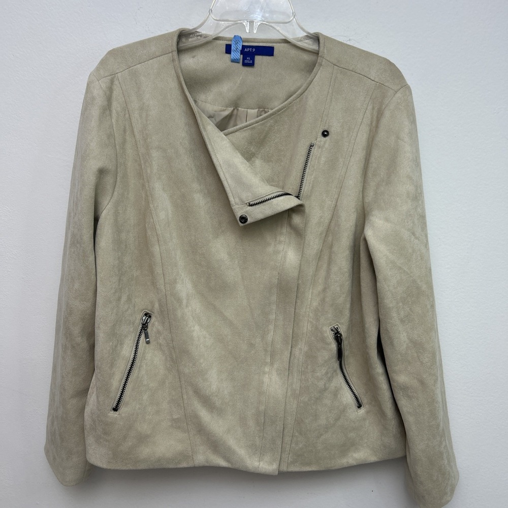 Woman's Apt. 9 Women's Faux Suede Jacket, Lined Beige Zip Up, Zipped Pockets, XL
